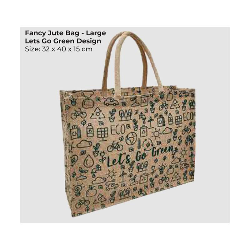 Fancy Jute Bag - Large  Let's Go Green Design With Logo